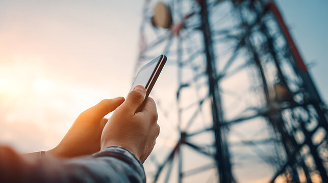 Person interacting with a smartphone in front of a large transmission tower at sunset. Focus on connection and technology with the tower symbolizing communication networks.