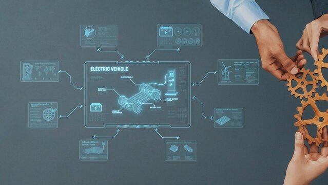 A pair of hands interacts with a digital interface showcasing electric vehicle data. This image illustrates the merging of technology and automotive innovation for future development. Raster - Powered by Adobe