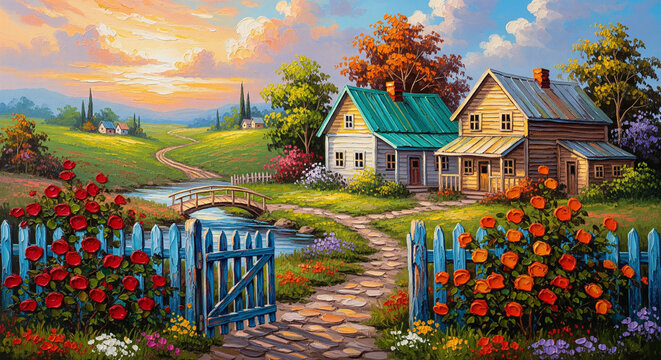 Village Landscape Oil Painting with Blue Fence 3D relief wallpaper for mural wall art, canvas print, wall decor painting design