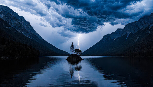 Serene mountain lake with lightning strike - Powered by Adobe