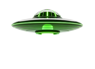Glowing green ufo flying saucer isolated on transparent background with neon light