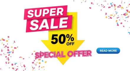 Super sale 50% off special offer banner with confetti, isolated on transparent background
