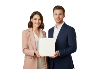 Agreement document held by business partners for client approval and contract signing, blank sheet used for service enrollment notice with copy space for legal terms or announcement text