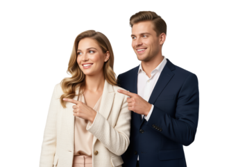 Sales managers pointing fingers aside to empty copy space on grey background represent a collaborative team of experts providing successful business advice or financial consultant services