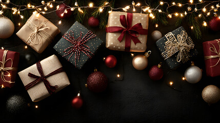 Festive christmas gift delivery with decoration on dark background for holiday design. Template for Christmas and New Year. Horizontal banner. Copy space. Free space for text. Top view