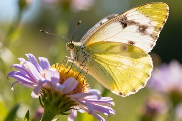 Obraz premium A yellow butterfly perched delicately on a purple flower in a serene garden setting as seen from a close-up view Image 5.jpg