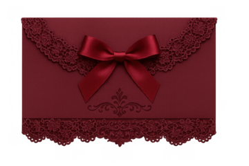 Burgundy wedding invitation envelope with lace details and a satin ribbon bow, elegant formal design for special occasions