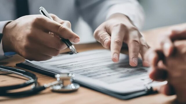 Insurance agent consulting medical records and policy details while evaluating a health insurance claim in office environment