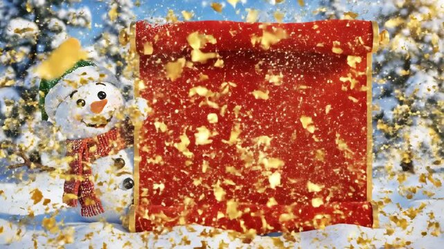 Snowman holding red scroll on winter background with gold confetti