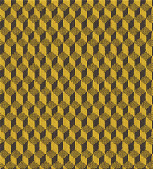 Seamless pattern with tumbling block geometric shapes in yellow and brown isolated on transparent background