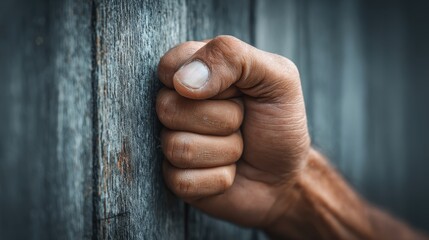 Close Up of Clenched Male Fist Against Distressed Wood Wall