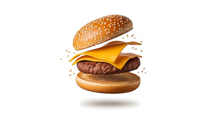 Deconstructed flying cheeseburger with floating ingredients. Juicy beef patty, melting cheese slices, and sesame bun isolated on white background. Minimalist fast food concept for design.