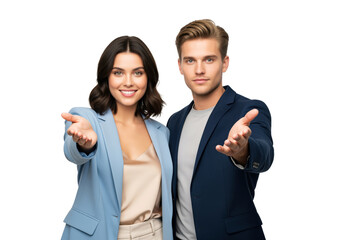 Welcome gesture from two office representatives extending open palms, inviting a visitor to join, apply or subscribe through contact intake for membership enrollment and appointment booking