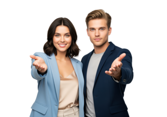 Welcome gesture from two office representatives extending open palms, inviting a visitor to join, apply or subscribe through contact intake for membership enrollment and appointment booking