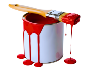 Red paint dripping from a can with a brush on top isolated on transparent background