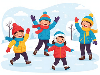 Fototapeta premium Happy children playing in the snow during winter season