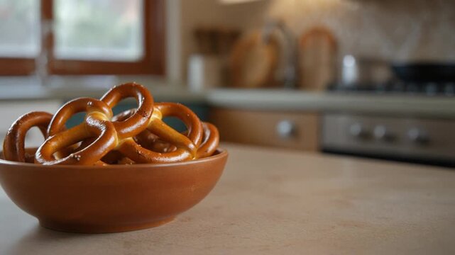 A bowl of pretzels sits on a countertop in a kitchen, with a blurred background featuring a stove