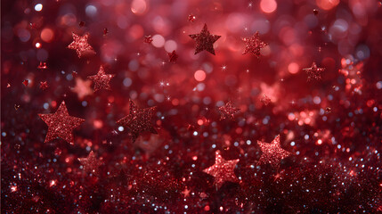 christmas background with shiny glitter stars on red background , new year and winter holiday blank social media background