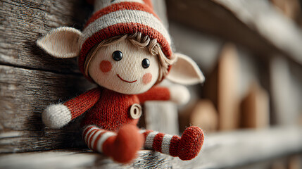 A cheerful Christmas elf toy in a red suit and striped leggings posing playfully on a wooden shelf against a white background.