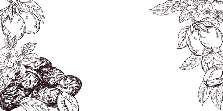 A frame of prunes and plums with leaves, all objects are hand-drawn in vector. The frame made of fruits and dried fruits is perfect for printing on food packaging, textiles, for design.