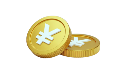 Golden Yen Coins on White Background