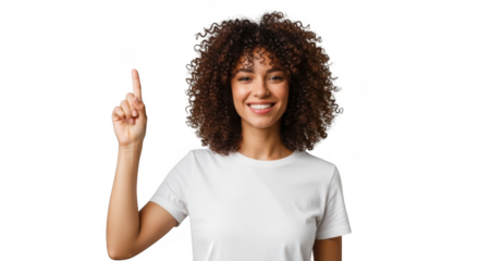 Happy young woman pointing upwards with finger isolated on transparent background