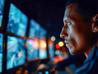 Focused man monitoring multiple security or surveillance screens in a dimly lit control room with colorful blurred lights in the background at night