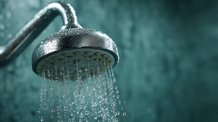Close-up of modern chrome shower head with running water droplets against teal bathroom background, refreshing hygiene concept suitable for wellness advertising and household product design