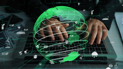 An engaging image showing hands typing on a laptop with a green digital globe and eco icons, illustrating technology and innovation in environmental sustainability. Xenic