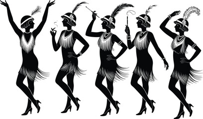 1920s flapper silhouettes of women in expressive poses, ideal for vintage fashion, dance, and retro design projects.