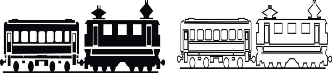 Black train icon set in flat and line style railway locomotive and freight transport silhouette collection featuring passenger and cargo rail graphic group, minimal monochrome vector illustration pack © Muhammad