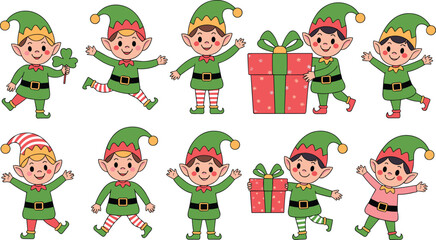 Fototapeta premium Festive cartoon elves with gifts and shamrocks in cheerful poses, ideal for Christmas and holiday-themed design projects.