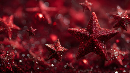 christmas background with shiny glitter stars on red background , new year and winter holiday blank social media background