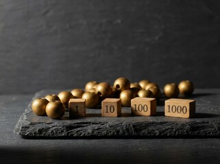 Wooden number blocks and golden beads arranged on a dark surface