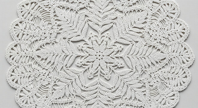 Intricate white lace doily with floral patterns on textured background