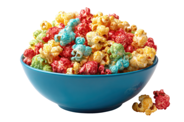 Bowl of colorful gourmet popcorn isolated on transparent background. Vibrant bowl overflowing with colorful sweet gourmet popcorn isolated on white background.