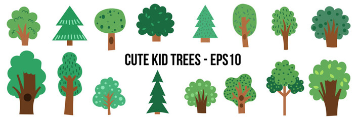 Cute flat vector nature set featuring woodland plants, bushes, flowers, and greenery. Simple childish kid style illustrations perfect for children's education designs, parks, or seasonal projects. © Alina Nikitaeva