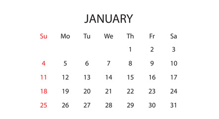 January 2026 Monthly Calendar Vector Template (First Month of Year Planner, Winter Schedule Layout)