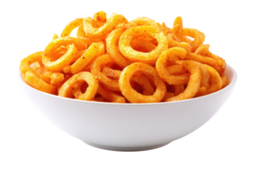Bowl of curly fries isolated on transparent background. Crispy golden curly fries in a white bowl isolated on white background.