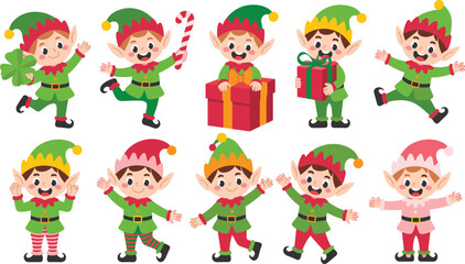 Set of cute cartoon Christmas elves collection, little Santa helpers with gifts and candy cane vector illustrations, festive holiday characters on white background