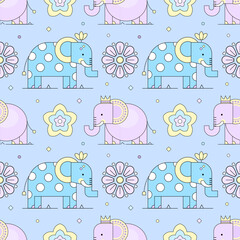 Cute cartoon baby elephant seamless pattern for kids and fun animal wallpaper