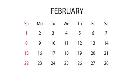 February 2026 Monthly Calendar Vector Template (Valentine's Month Planner, Clean Minimalist Schedule Layout)