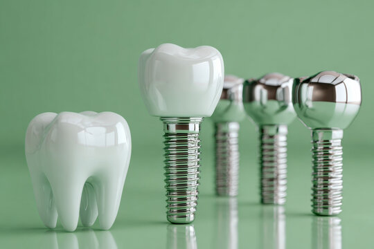 Conceptual image of ceramic tooth and metal dental implants with green background representing advanced oral health technology and restorative dentistry solutions