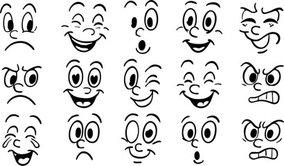 "Set of 25 vintage cartoon faces with various facial expressions and emotions. Classic mascot design featuring cute emoji faces, fun eyes, and mouth elements for animation and stickers."