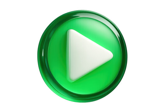 Green glossy 3d play button icon showing media start, video playback, and interface control on transparent background