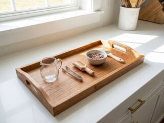 Wooden tray with kitchen utensils and ingredients on a countertop