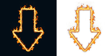 Flame arrow pointing down indicates financial crisis and stock market crash with heat map effect representing global warming and temperature rise for scientific research or economic failure