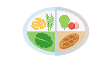 Clean silhouette of a divided plate showing vegetables, grains, and protein, balanced nutrition wellness concept.
