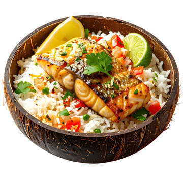 Arroz con coco a classic colombian coconut rice with a sweet and savory flavor served as a side dish and isolated on a clean white background