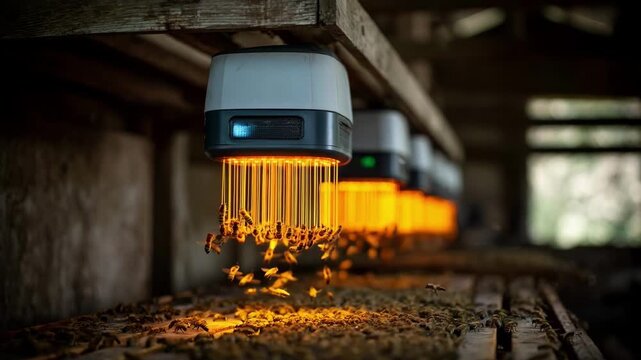 Medium shot of an AIintegrated system analyzing bee movement patterns and hive vibrations to detect early signs of colony stress.